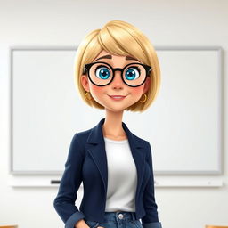 A Disney Pixar-style character of a pretty female teacher, age 50, showcasing a short bob haircut with blond highlights and bright blue eyes