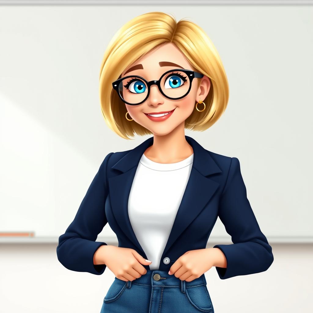 A Disney Pixar-style character of a pretty female teacher, age 50, showcasing a short bob haircut with blond highlights and bright blue eyes