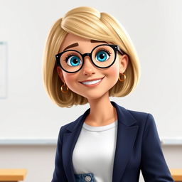 A Disney Pixar-style character of a pretty female teacher, age 50, showcasing a short bob haircut with blond highlights and bright blue eyes