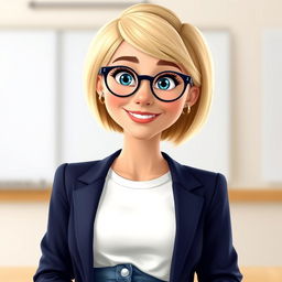 A Disney Pixar-style character of a pretty female teacher, age 50, showcasing a short bob haircut with blond highlights and bright blue eyes