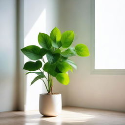 A vibrant money plant thriving in the North corner of a well-lit room with minimalist decor.