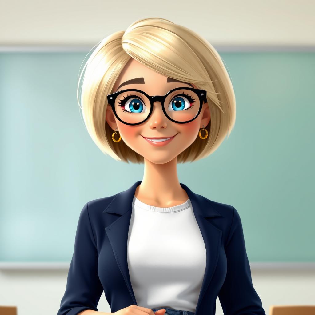 A Disney Pixar-style character of a pretty female teacher, age 50, characterized by a chic short bob haircut with blond highlights and sparkling blue eyes