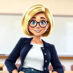 A Disney Pixar-style character of a pretty female teacher, age 50, characterized by a chic short bob haircut with blond highlights and sparkling blue eyes