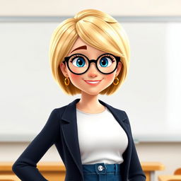 A Disney Pixar-style character of a pretty female teacher, age 50, characterized by a chic short bob haircut with blond highlights and sparkling blue eyes