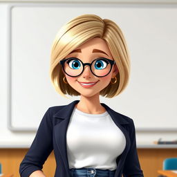 A Disney Pixar-style character of a pretty female teacher, age 50, characterized by a chic short bob haircut with blond highlights and sparkling blue eyes