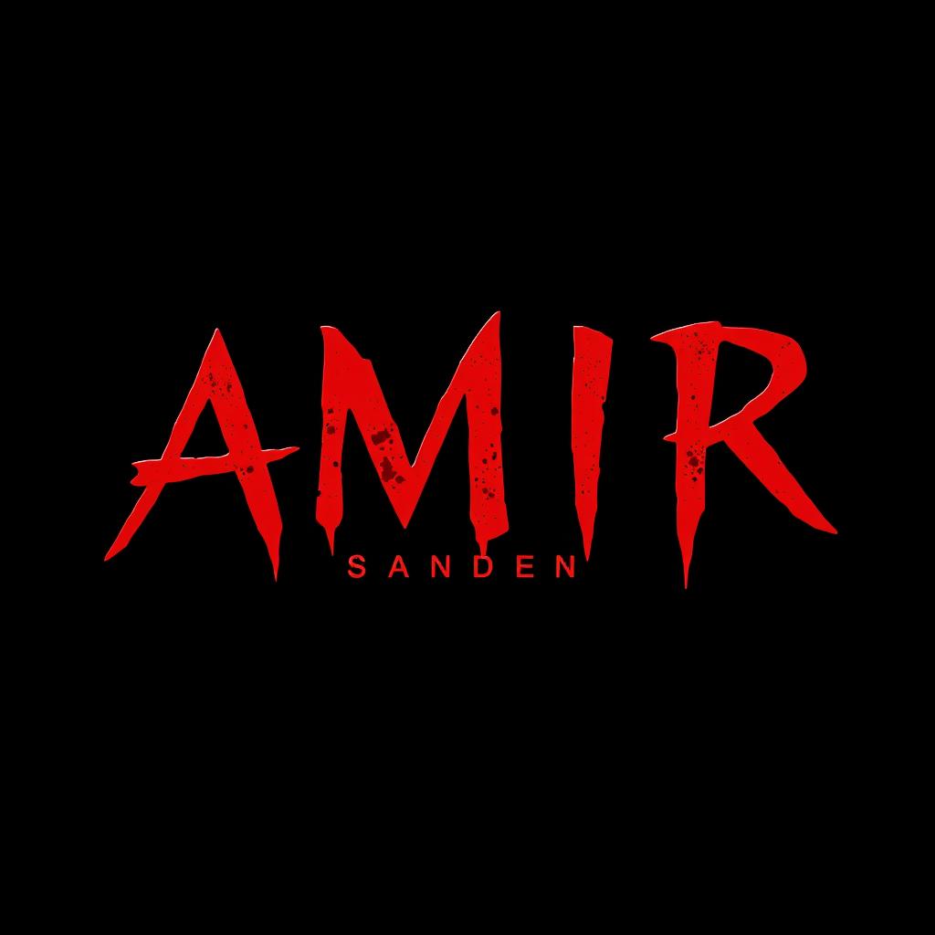 An artistic representation of a shop name 'AMIR SHOP' in a bold, bloody red color with an intense black background