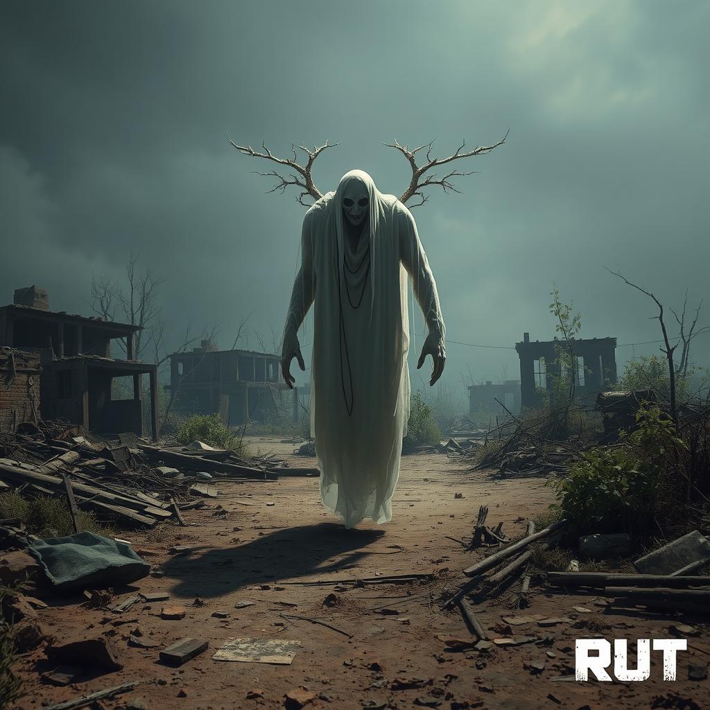 A banshee haunting a desolate, post-apocalyptic landscape, inspired by the gritty aesthetics of the game Rust