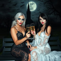 A very beautiful, attractive, stunning, curvy shapely, white-haired 18-year-old girl dressed in a tight low-cut black lace gown, with frosted blue eye shadow, thick black eyeliner, mascara, long black eyelashes, and bright pink lipstick, wearing a serious expression