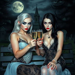 A very beautiful, attractive, stunning, curvy shapely, white-haired 18-year-old girl dressed in a tight low-cut black lace gown, with frosted blue eye shadow, thick black eyeliner, mascara, long black eyelashes, and bright pink lipstick, wearing a serious expression