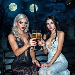 A very beautiful, attractive, stunning, curvy shapely, white-haired 18-year-old girl dressed in a tight low-cut black lace gown, with frosted blue eye shadow, thick black eyeliner, mascara, long black eyelashes, and bright pink lipstick, wearing a serious expression
