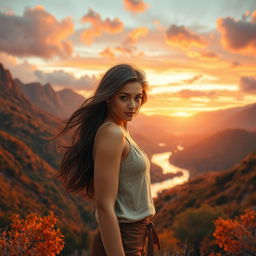 A beautiful girl with striking features and flowing hair, dressed in a stylish outfit, stands gracefully in front of a breathtaking rust-themed landscape