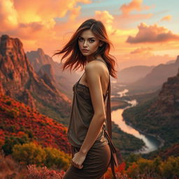 A beautiful girl with striking features and flowing hair, dressed in a stylish outfit, stands gracefully in front of a breathtaking rust-themed landscape