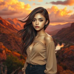 A beautiful girl with striking features and flowing hair, dressed in a stylish outfit, stands gracefully in front of a breathtaking rust-themed landscape