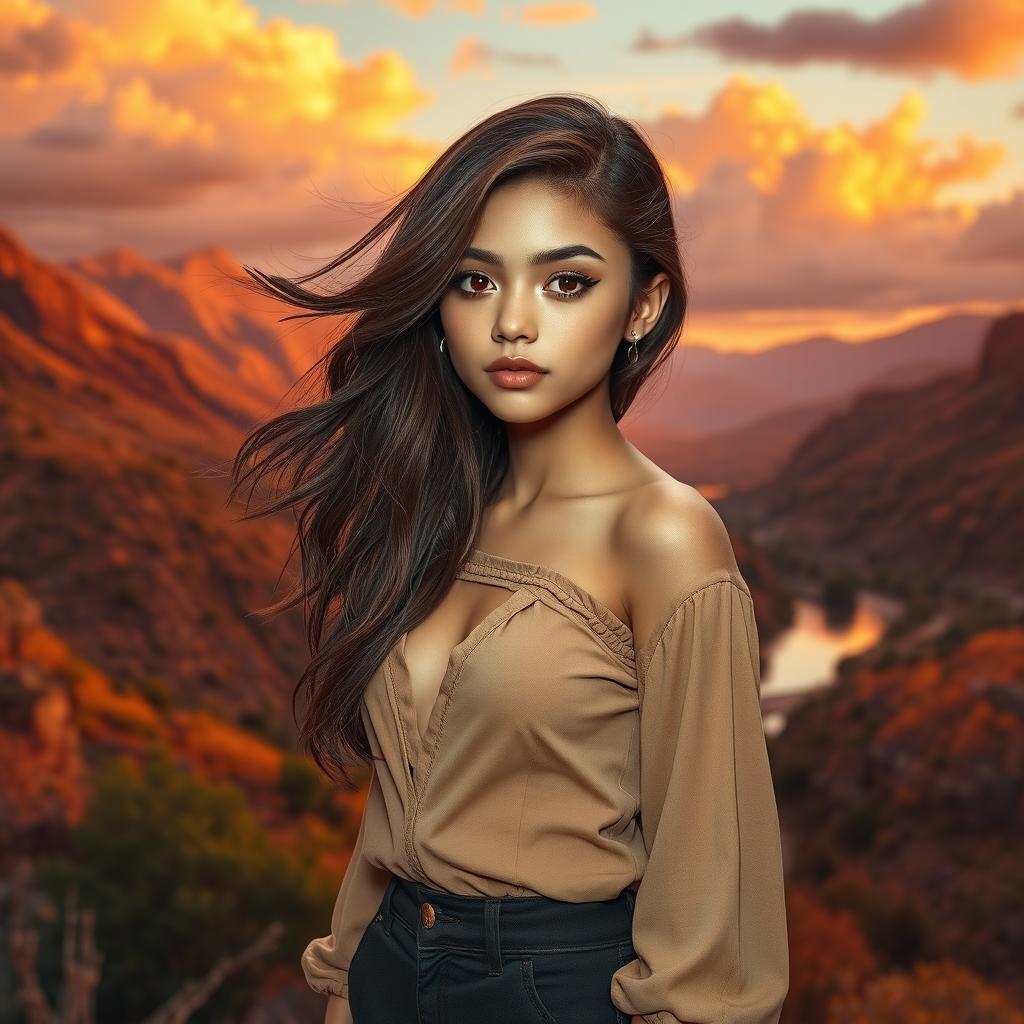 A beautiful girl with striking features and flowing hair, dressed in a stylish outfit, stands gracefully in front of a breathtaking rust-themed landscape