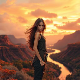 A beautiful girl with striking features and flowing hair, dressed in a stylish outfit, stands gracefully in front of a breathtaking rust-themed landscape