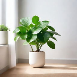 A vibrant money plant thriving in the North corner of a well-lit room with minimalist decor.