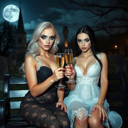 A very beautiful, attractive, stunning, curvy shapely, white-haired 18-year-old girl dressed in a tight low-cut black lace gown, with frosted blue eye shadow, thick black eyeliner, mascara, long black eyelashes, and bright pink lipstick, wearing a serious expression