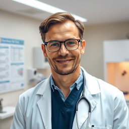 A male doctor in a pristine white lab coat, standing confidently in a modern clinic