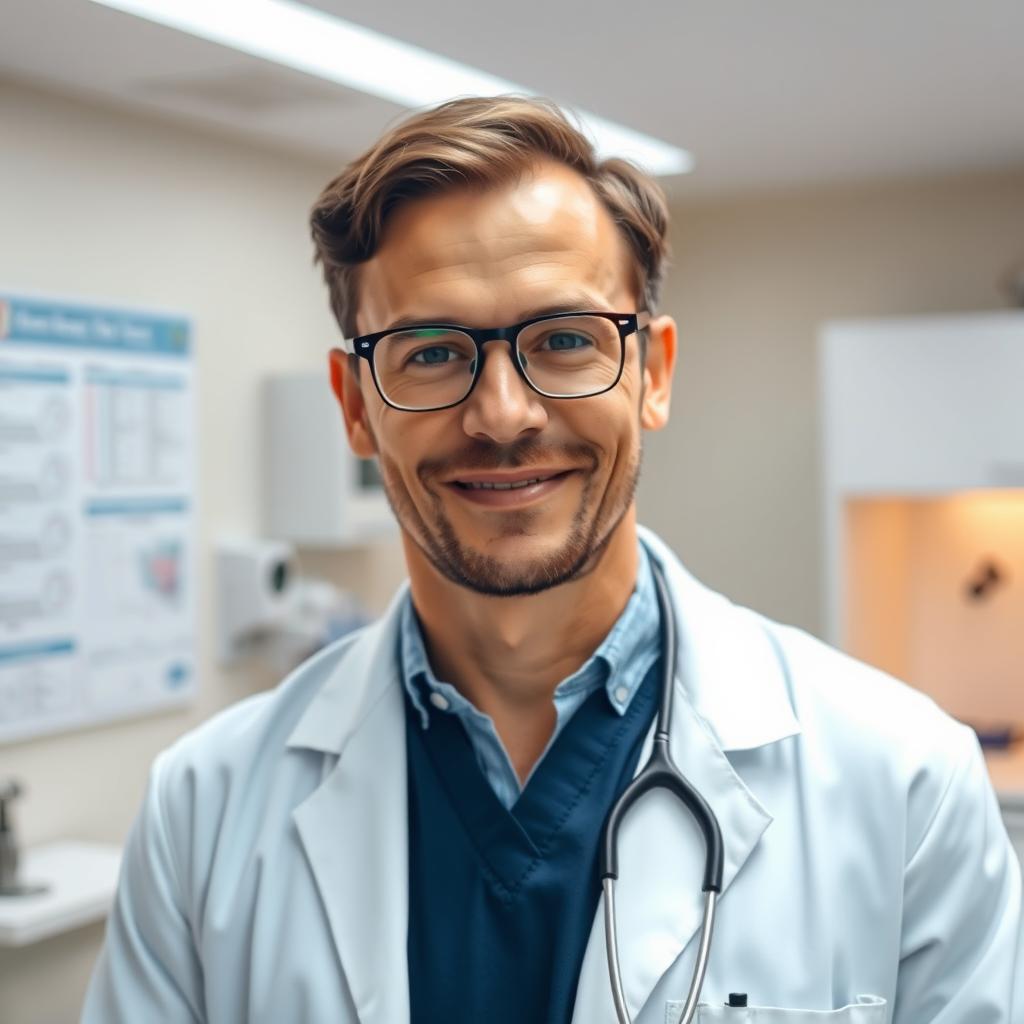 A male doctor in a pristine white lab coat, standing confidently in a modern clinic