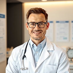 A male doctor in a pristine white lab coat, standing confidently in a modern clinic