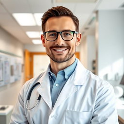 A male doctor in a pristine white lab coat, standing confidently in a modern clinic