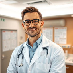A male doctor in a pristine white lab coat, standing confidently in a modern clinic