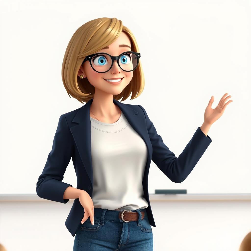 A Disney Pixar-style pretty female character, aged 50, characterized by a short bob haircut with blond highlights and bright blue eyes