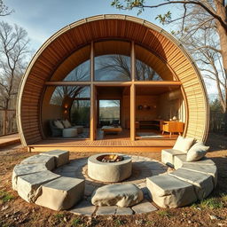 A serene cabin design inspired by the structure of a cocoon, constructed from sustainably sourced bamboo to emphasize eco-friendliness and simplicity