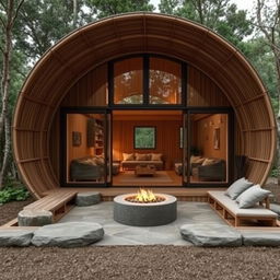 A serene cabin design inspired by the structure of a cocoon, constructed from sustainably sourced bamboo to emphasize eco-friendliness and simplicity