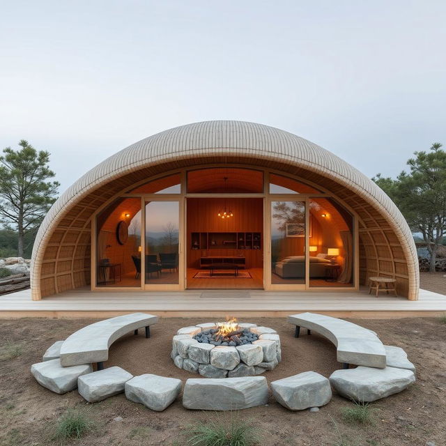 A serene cabin design inspired by the structure of a cocoon, constructed from sustainably sourced bamboo to emphasize eco-friendliness and simplicity