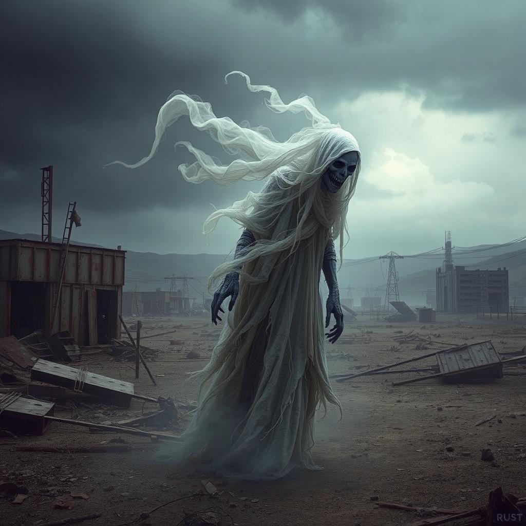 A haunting banshee set in a post-apocalyptic environment, drawing inspiration from the survival game Rust