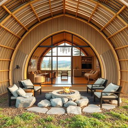 A serene cabin design inspired by the structure of a cocoon, constructed from sustainably sourced bamboo to emphasize eco-friendliness and simplicity