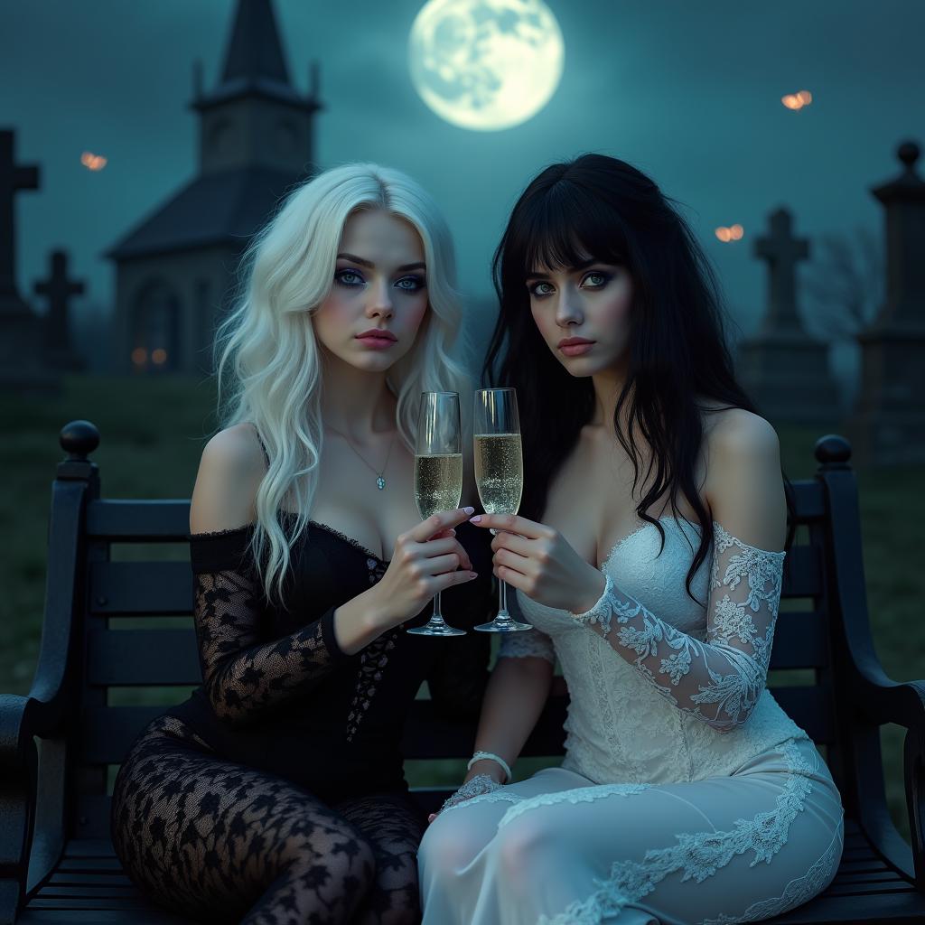 A very beautiful, attractive, stunning, curvy shapely, white-haired 18-year-old girl dressed in a tight low-cut black lace gown, complete with frosted blue eye shadow, thick black eyeliner, mascara, long black eyelashes, and bright pink lipstick, wearing a serious expression