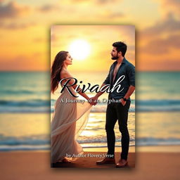 A romantic novel book cover featuring a picturesque sunset backdrop over a serene beach