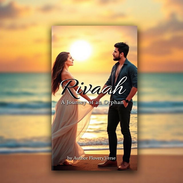 A romantic novel book cover featuring a picturesque sunset backdrop over a serene beach