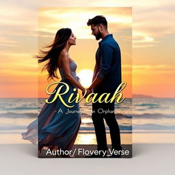 A romantic novel book cover featuring a picturesque sunset backdrop over a serene beach