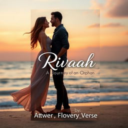 A romantic novel book cover featuring a picturesque sunset backdrop over a serene beach