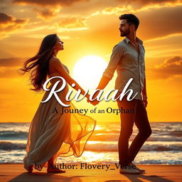 A romantic novel book cover featuring a picturesque sunset backdrop over a serene beach