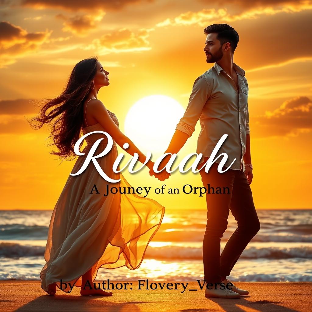 A romantic novel book cover featuring a picturesque sunset backdrop over a serene beach