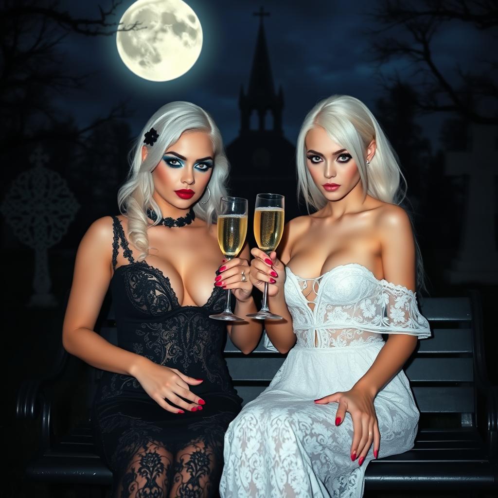 A very beautiful, attractive, stunning, curvy shapely, white-haired 18-year-old girl dressed in a tight low-cut black lace gown, featuring frosted blue eye shadow, thick black eyeliner, mascara, long black eyelashes, and bright pink lipstick, wearing a serious expression