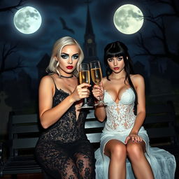 A very beautiful, attractive, stunning, curvy shapely, white-haired 18-year-old girl dressed in a tight low-cut black lace gown, featuring frosted blue eye shadow, thick black eyeliner, mascara, long black eyelashes, and bright pink lipstick, wearing a serious expression