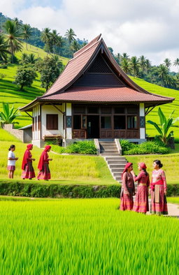 A beautiful representation of Minangkabau culture, highlighting traditional architecture with a distinctive curved roof, surrounded by lush green rice fields typical of the West Sumatra region in Indonesia