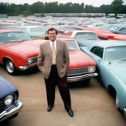 A charismatic used car salesman standing in a used car lot, surrounded by various models of pre-owned cars, while exuding an air of friendliness and trust.