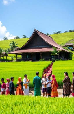 A beautiful representation of Minangkabau culture, highlighting traditional architecture with a distinctive curved roof, surrounded by lush green rice fields typical of the West Sumatra region in Indonesia