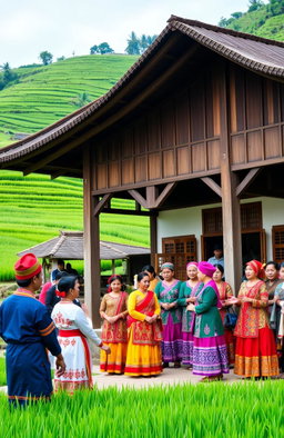 A beautiful representation of Minangkabau culture, highlighting traditional architecture with a distinctive curved roof, surrounded by lush green rice fields typical of the West Sumatra region in Indonesia