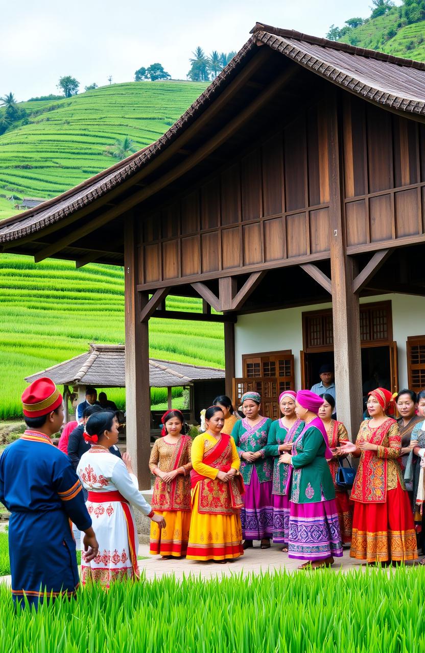 A beautiful representation of Minangkabau culture, highlighting traditional architecture with a distinctive curved roof, surrounded by lush green rice fields typical of the West Sumatra region in Indonesia