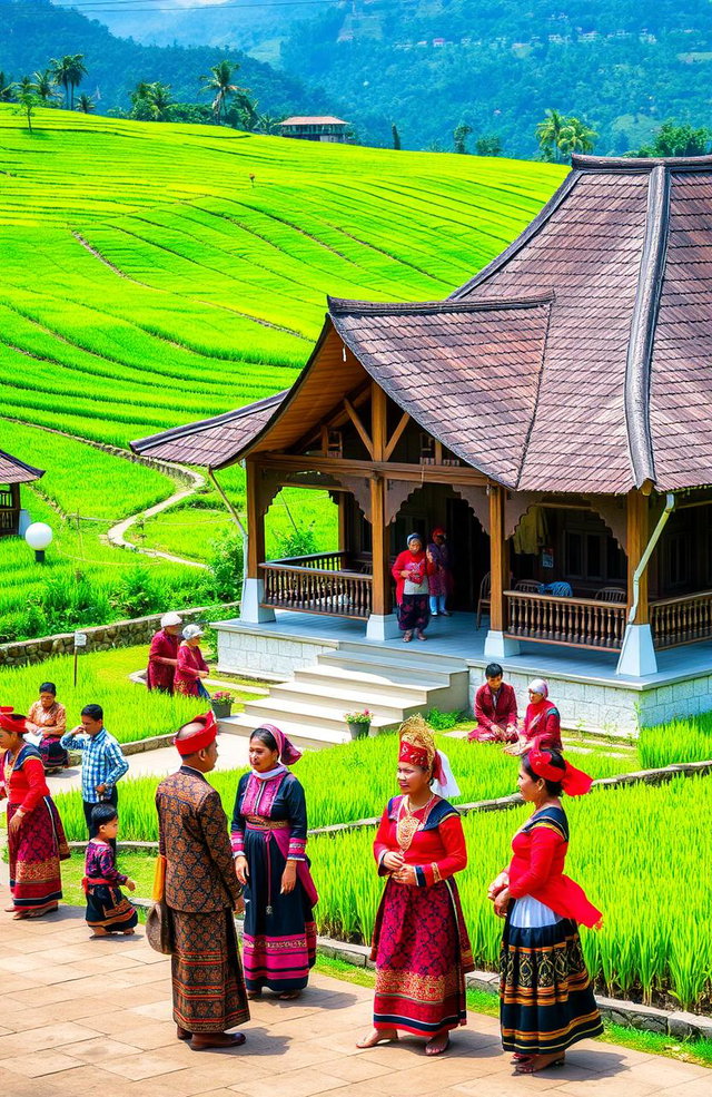 A beautiful representation of Minangkabau culture, highlighting traditional architecture with a distinctive curved roof, surrounded by lush green rice fields typical of the West Sumatra region in Indonesia