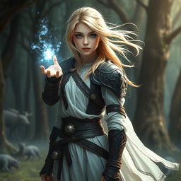 A young blonde female warrior, adorned in intricately designed leather armor, with a flowing white tunic visible underneath