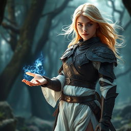 A young blonde female warrior, adorned in intricately designed leather armor, with a flowing white tunic visible underneath