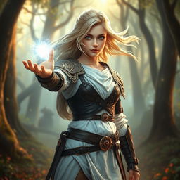 A young blonde female warrior, adorned in intricately designed leather armor, with a flowing white tunic visible underneath